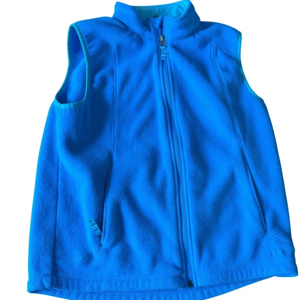 LL Bean Girls L 14-16 Blue‎ Full Zip Fleece Vest Reflective Logo Hiking Camping